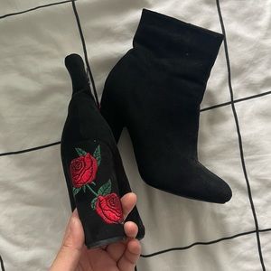 Rose Embroidered Black Booties